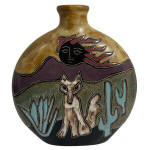Mara Artistic Stoneware Heavy Mexican Pottery Vase Coyote Desert Cactus Theme